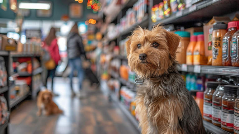 Mini Pet Mart store interior showing shoppers with pets and retail atmosphere for shopping guidance