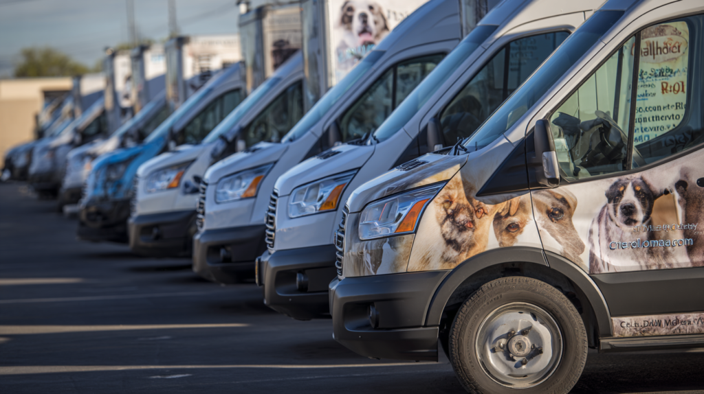 Mobile dog groomers near me showing multiple professional grooming vans and services for convenient pet care comparison