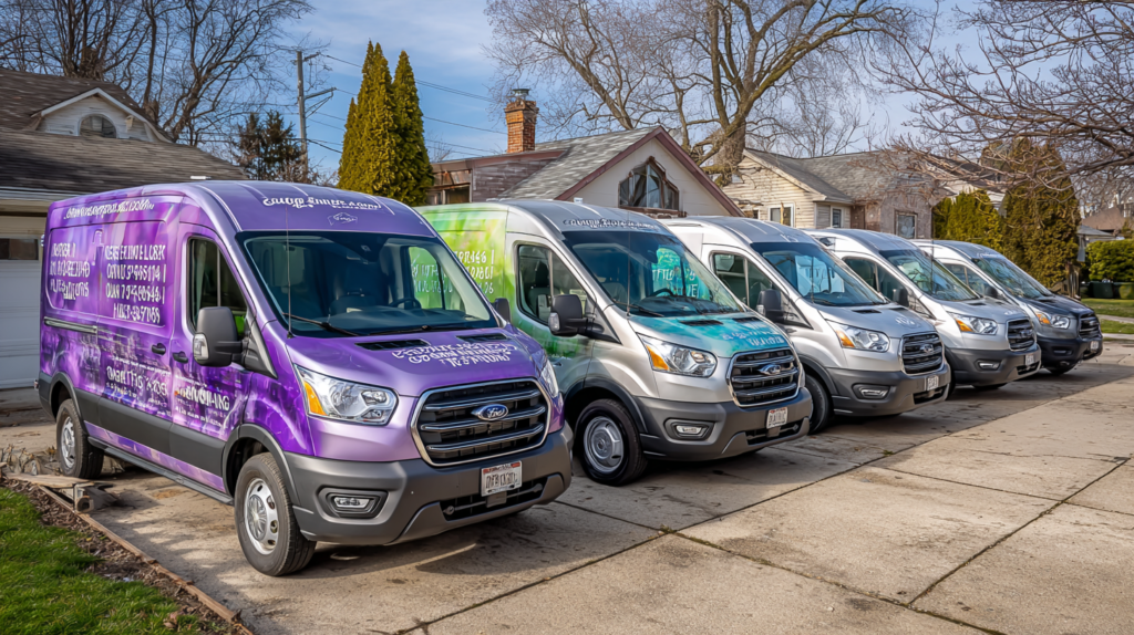Mobile dog grooming services near you showing five professional service vans for local pet care comparison
