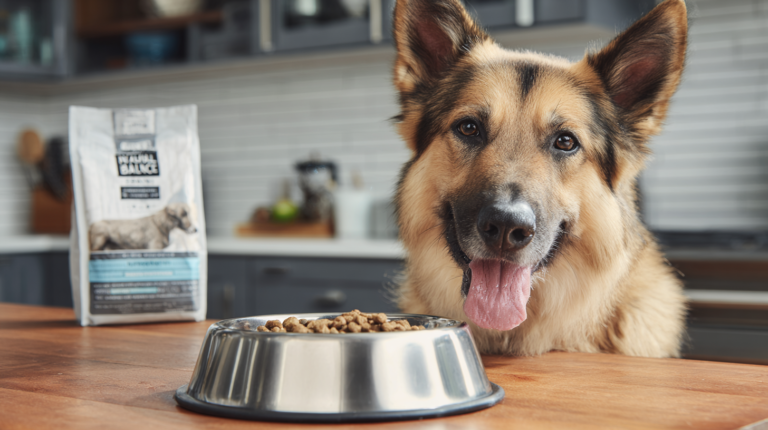 Happy dog owner watching their pet enjoy Natural Balance dog food showing owner satisfaction and dog's healthy appetite