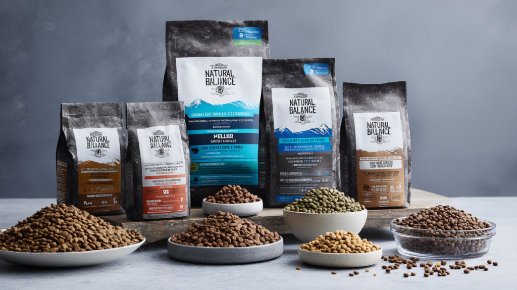 Natural Balance dog food showing various formulas and kibble types for comprehensive brand evaluation and selection