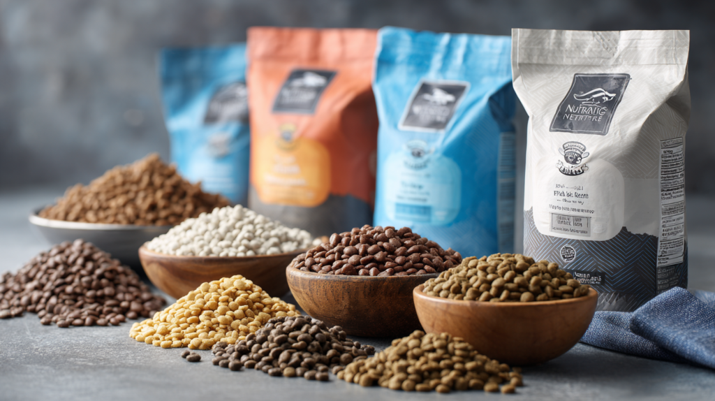 Nutrisource dog food showing complete nutrition formulas and protein-rich kibble for different life stages