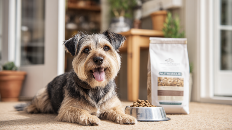 Healthy dog with excellent condition enjoying Nutrisource dog food showing outstanding nutrition and palatability