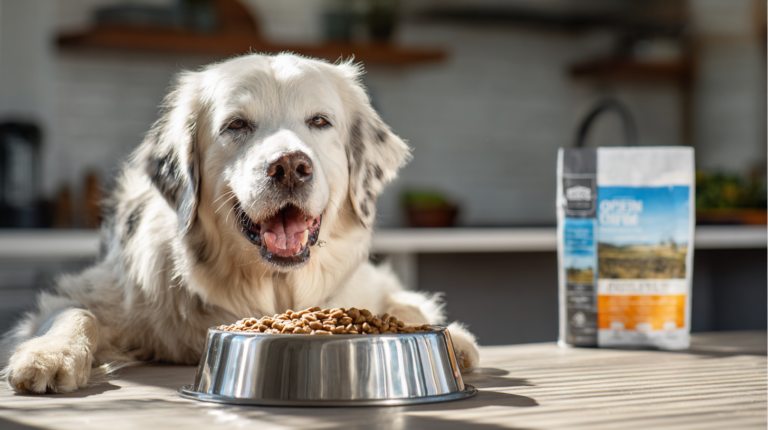 Happy dog enjoying Open Farm dog food showing premium nutrition and satisfaction with farm-fresh quality ingredients