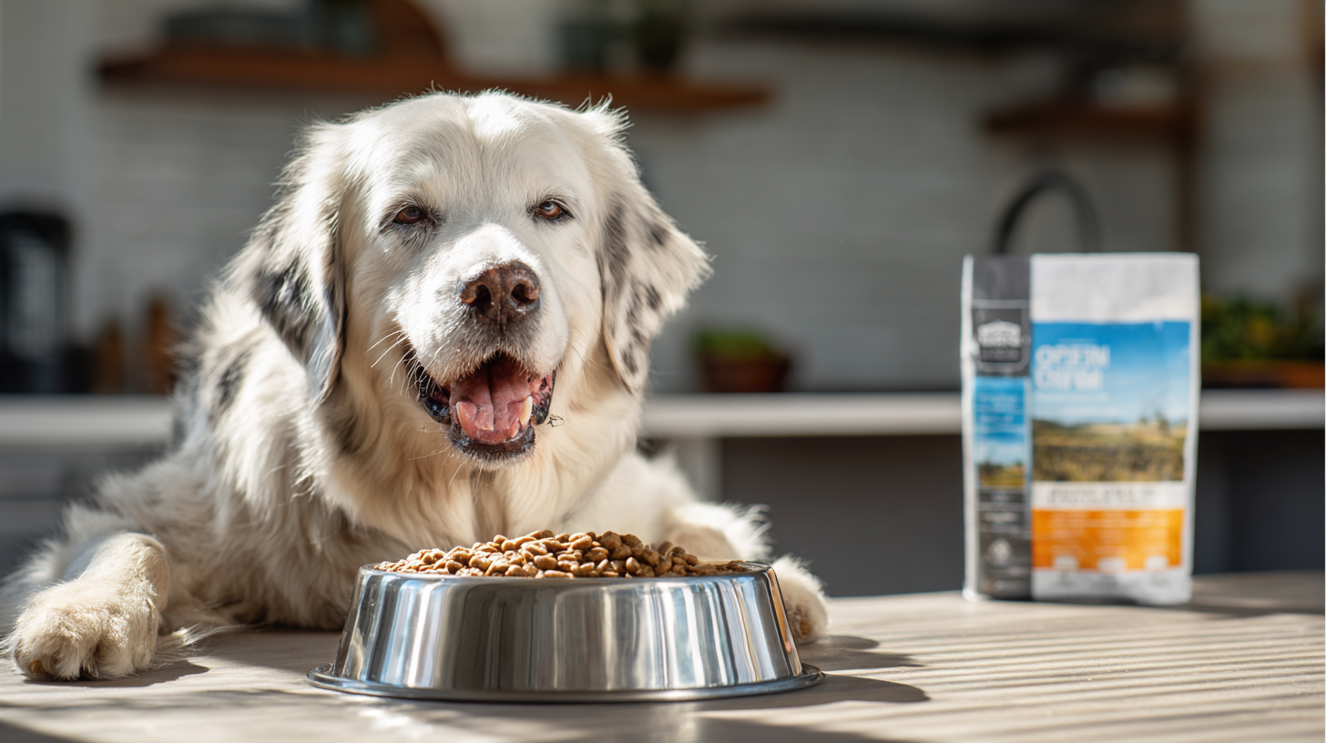 Happy dog enjoying Open Farm dog food showing premium nutrition and satisfaction with farm-fresh quality ingredients