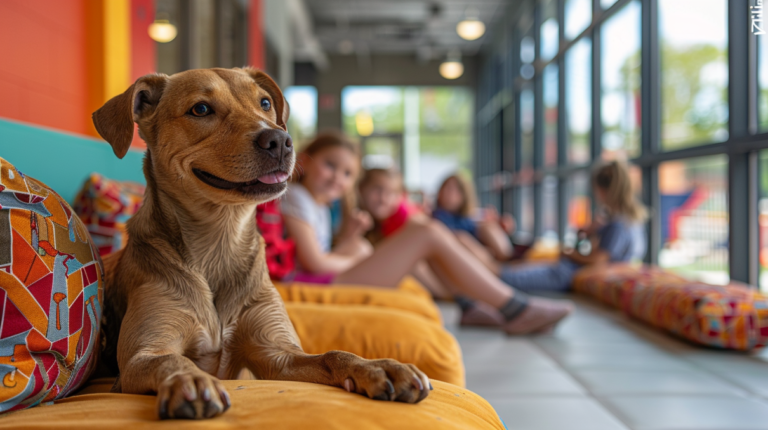 Pet Club membership scene showing families and pets enjoying exciting club benefits and modern facilities
