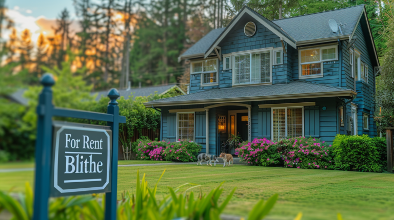 Pet-friendly rental house with happy family and pets in front yard, showcasing ideal pet-welcoming home