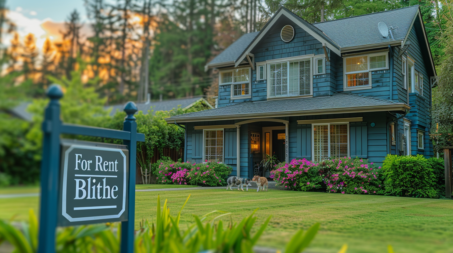 Pet-friendly rental house with happy family and pets in front yard, showcasing ideal pet-welcoming home