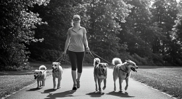 Professional pet sitter caring for multiple pets in home setting, showing rewarding aspects of pet sitting jobs