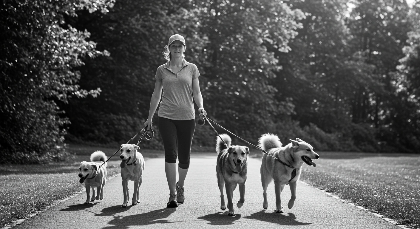 Professional pet sitter caring for multiple pets in home setting, showing rewarding aspects of pet sitting jobs