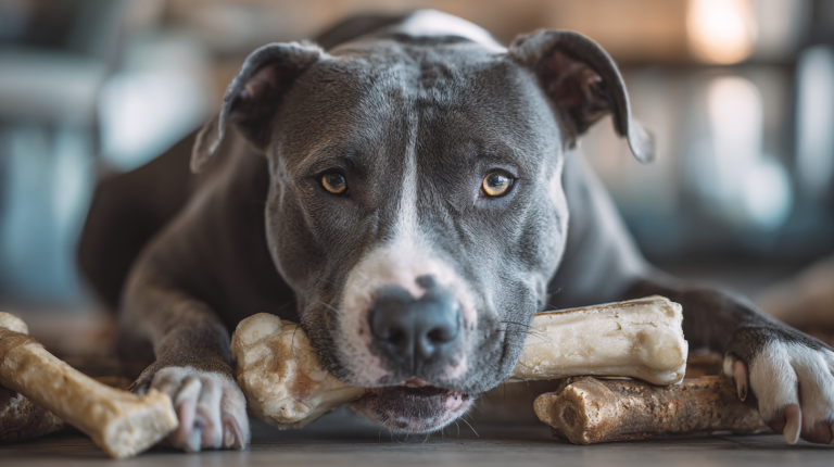 Strong dog powerfully chewing natural bone showing healthy jaw exercise and focused concentration