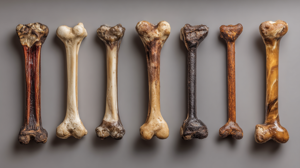 Powerful types of dog bones displaying six different options including raw bones, antlers, and bully sticks for comparison