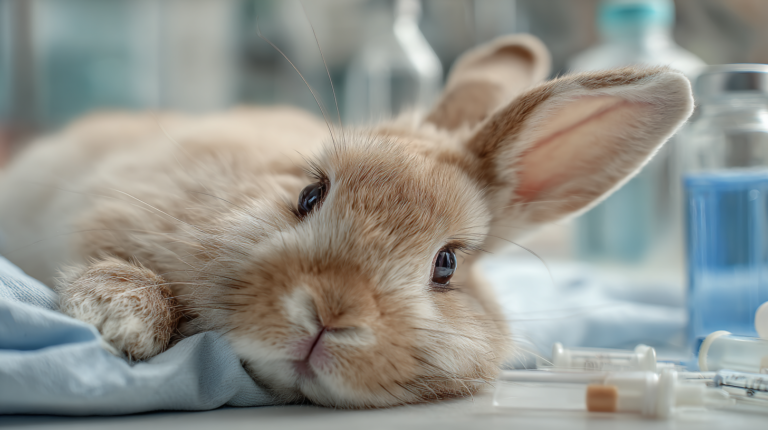 Rabbit with enteritis receiving professional veterinary treatment with digestive care and supportive therapy