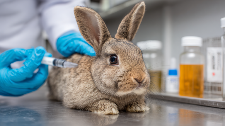 Rabbit receiving RHD vaccination with professional veterinary prevention and emergency response protocols