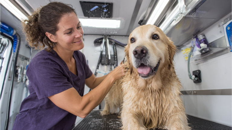 Professional mobile dog grooming services showing expert groomer working on dog in fully-equipped van