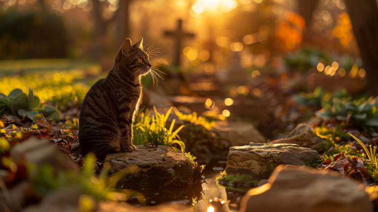 Peaceful pet memorial scene with beautiful lighting, honoring beloved pets with dignity and spiritual comfort