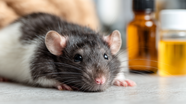Pet rodent with poisoning symptoms receiving emergency veterinary care with household toxin identification and safety