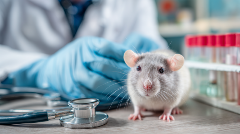 Pet rodent with respiratory infection receiving professional veterinary examination with breathing treatment equipment