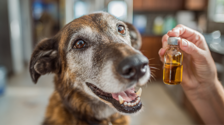 Healthy dog receiving salmon oil supplement showing glossy coat and eager anticipation for beneficial omega-3 treatment