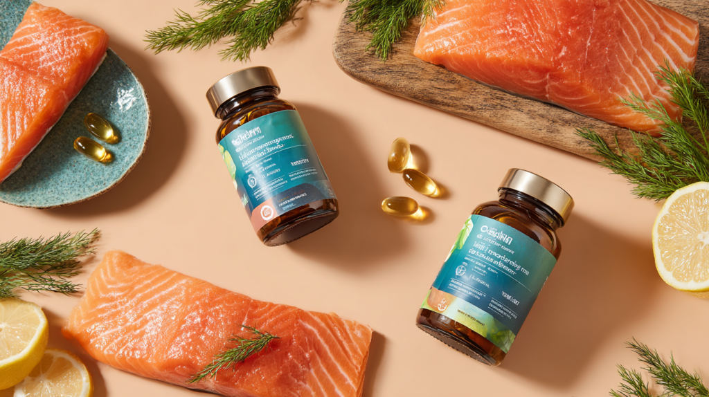 Salmon oil for dogs showing premium supplements with fresh salmon and omega-3 educational materials for pet health