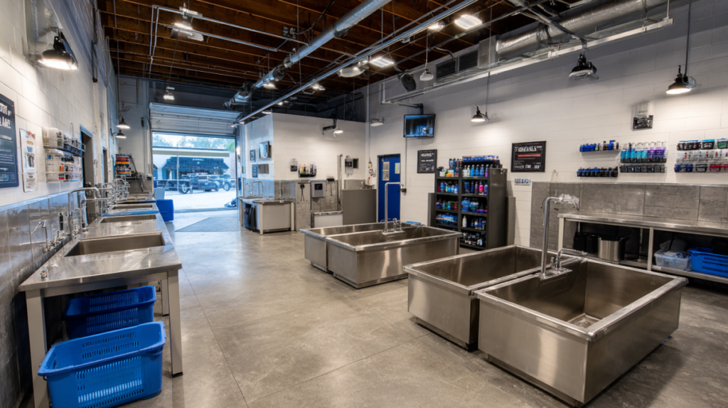 Self dog wash near me showing multiple washing stations and professional equipment for different dog sizes and needs