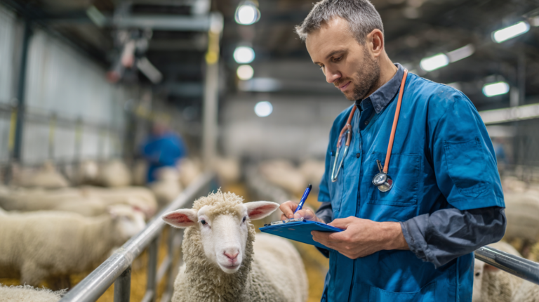 Ewe with mastitis receiving professional veterinary udder examination with mastitis testing and treatment