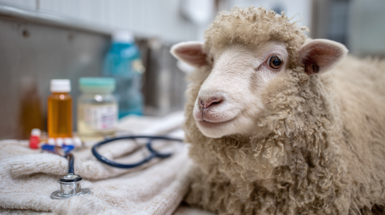 Sheep with pneumonia receiving professional veterinary lung examination with respiratory treatment and care