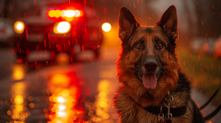 Professional police dog in action with law enforcement showing heroic service in news-worthy scene
