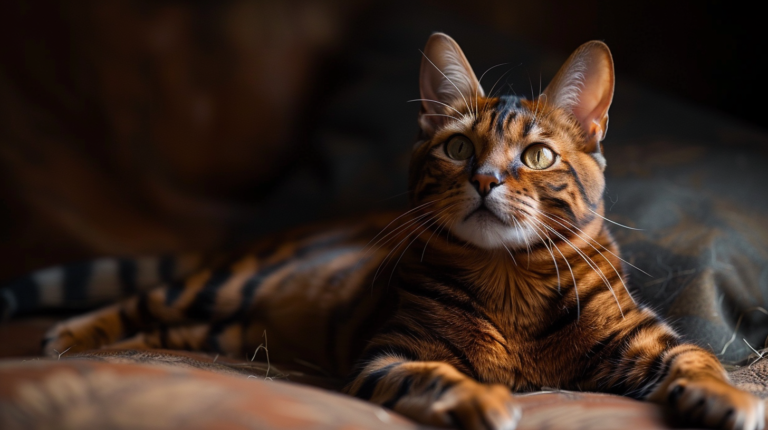 Rare Sokoke cat displaying distinctive wood-grain tabby pattern and athletic build in professional breed photography