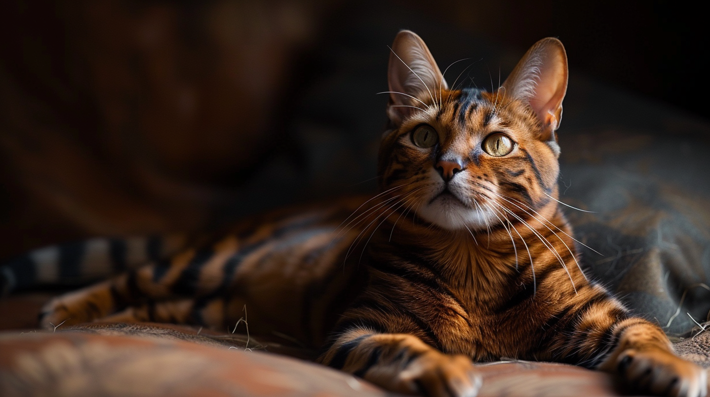 Rare Sokoke cat displaying distinctive wood-grain tabby pattern and athletic build in professional breed photography