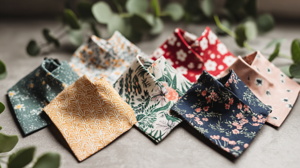 Stylish dog bandana designs displaying eight different patterns including floral, geometric, and seasonal themes