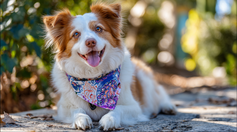 Charming dog wearing stylish bandana design showing loveable fashion accessory with attractive patterns