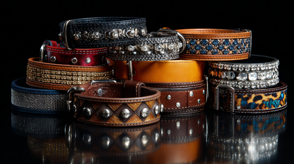 Stylish dog collar picks displaying ten designer options with various materials and fashionable accents