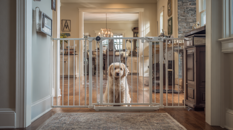Top dog gates showing stylish safety solution with well-behaved dog contained in modern home hallway