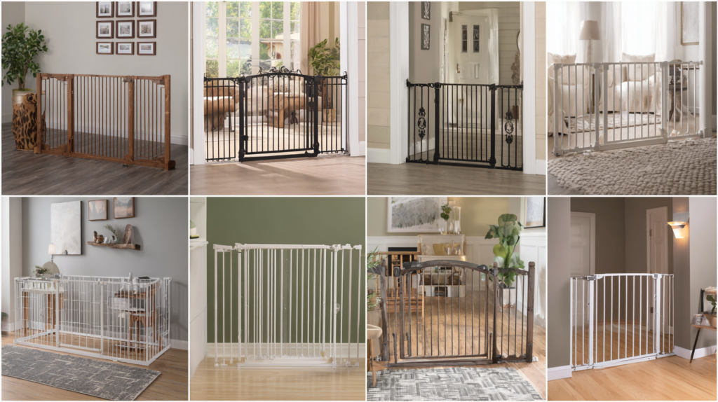 Top dog gates displaying seven different styles including pressure-mounted and decorative options for home safety