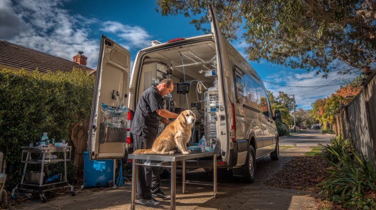 Professional mobile dog groomer working on golden retriever outside grooming van showing convenient at-home pet care services