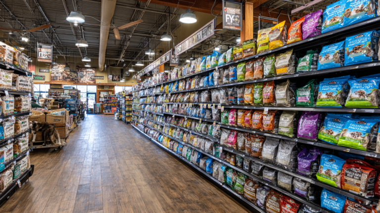 Tractor Supply Co. pet food aisle showing wide selection of trusted dog food brands available in store