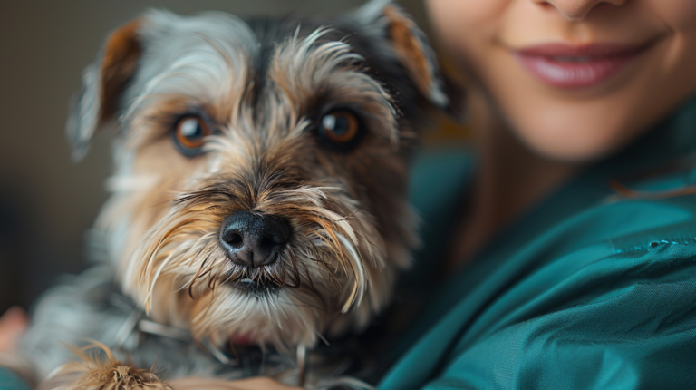 Pet owner at veterinary clinic with VPI pet insurance documentation showing healthcare benefits and security