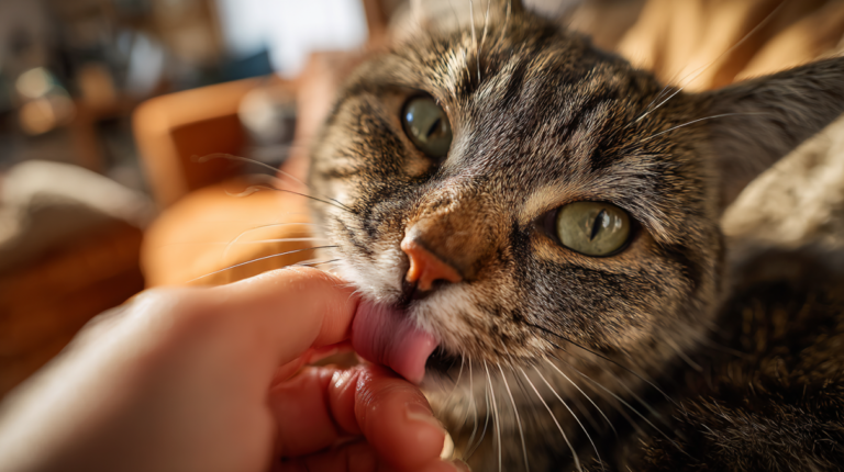 Loving cat gently licking owner's hand showing natural affectionate behavior and bonding between pet and human