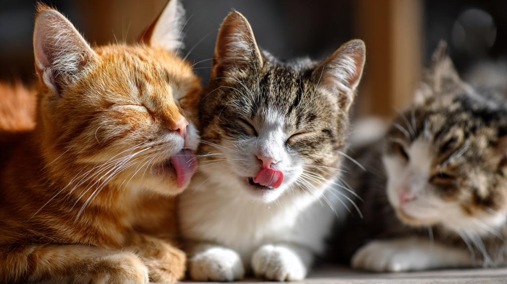 Why do cats lick me - multiple cats showing different licking behaviors including grooming, affection, and social bonding