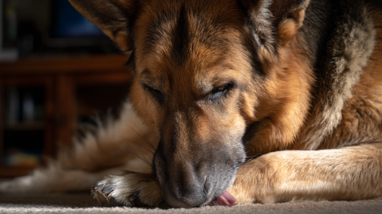 Dog licking paws excessively while concerned owner watches showing worrisome behavioral pattern requiring attention