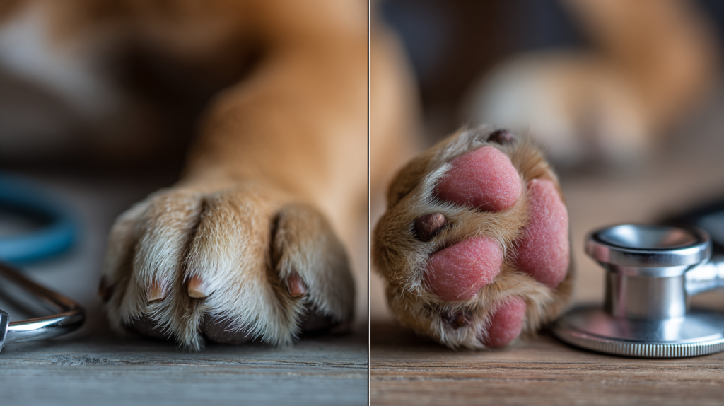 Why do dogs lick their paws comparison showing healthy versus irritated paws from excessive licking behavior