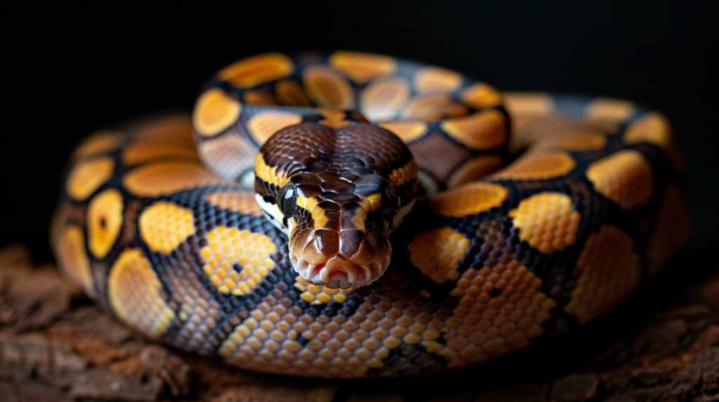 A ball python with beautiful patterns coiled peacefully in its enclosure, showing the gentle demeanor that makes them among the best reptile pets for snake enthusiasts.