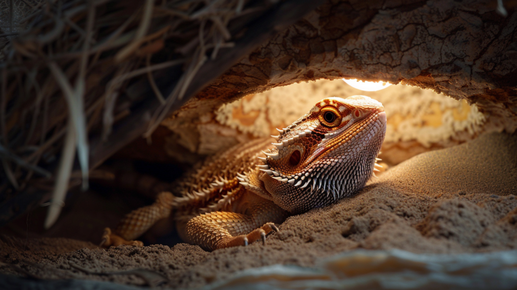 A bearded dragon with its distinctive spiky appearance, basking under a heat lamp with its beard partially extended, showcasing why they're among the best reptile pets.