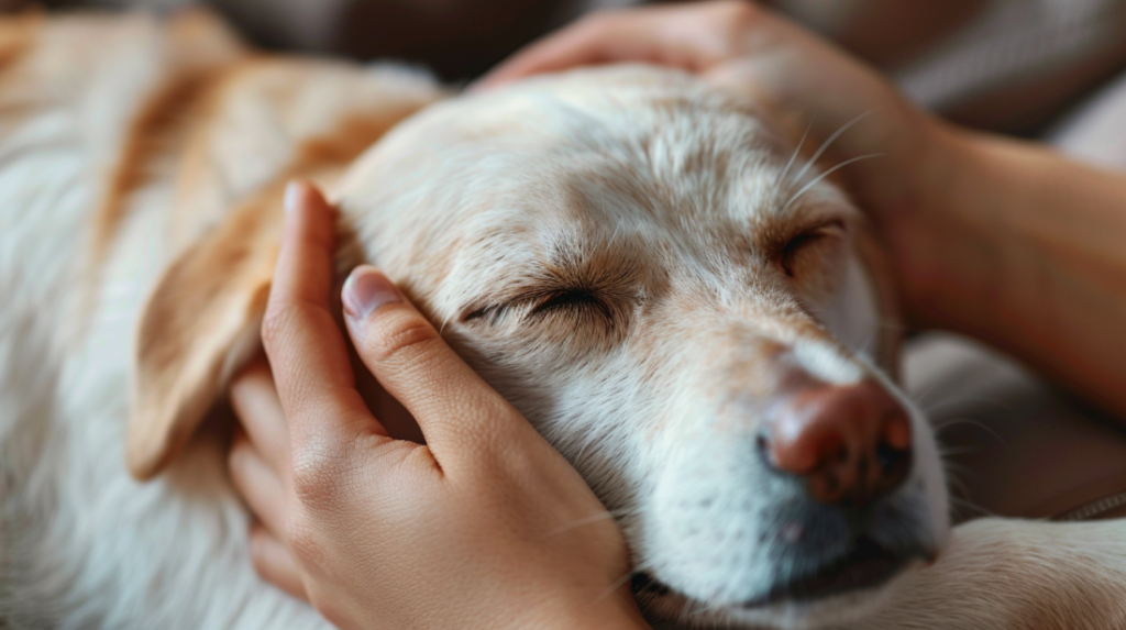 Educational pet stress awareness scene showing worried pet owner learning about anxiety symptoms in dogs and cats from veterinary guide