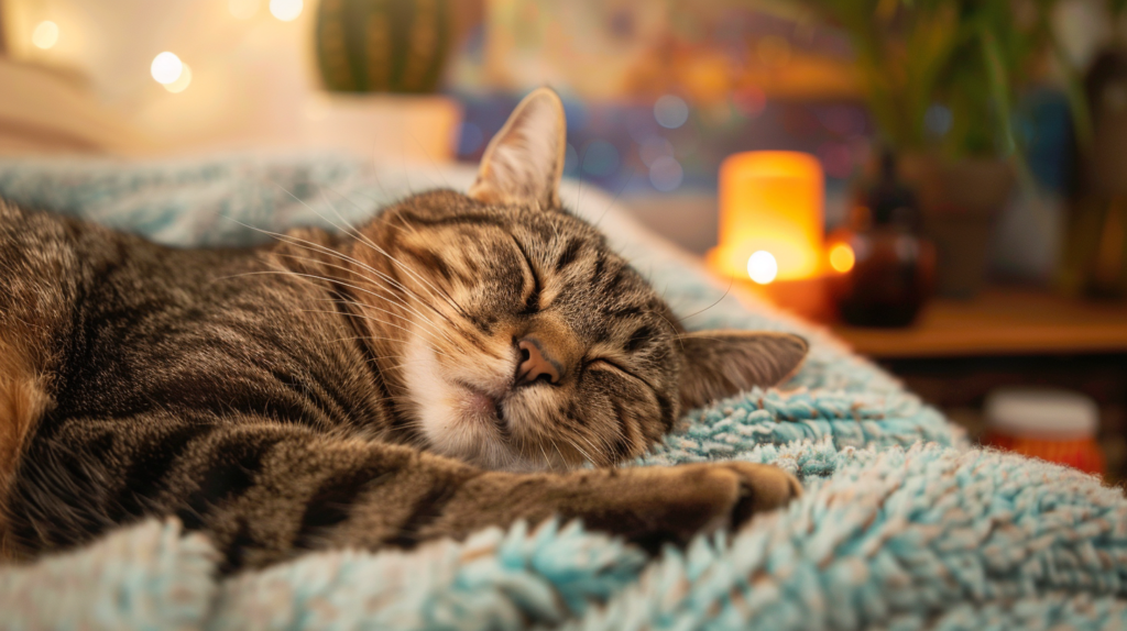 Rapid pet stress relief methods showing owner using calming voice, thunder shirt, aromatherapy, and comfort items for anxious dog