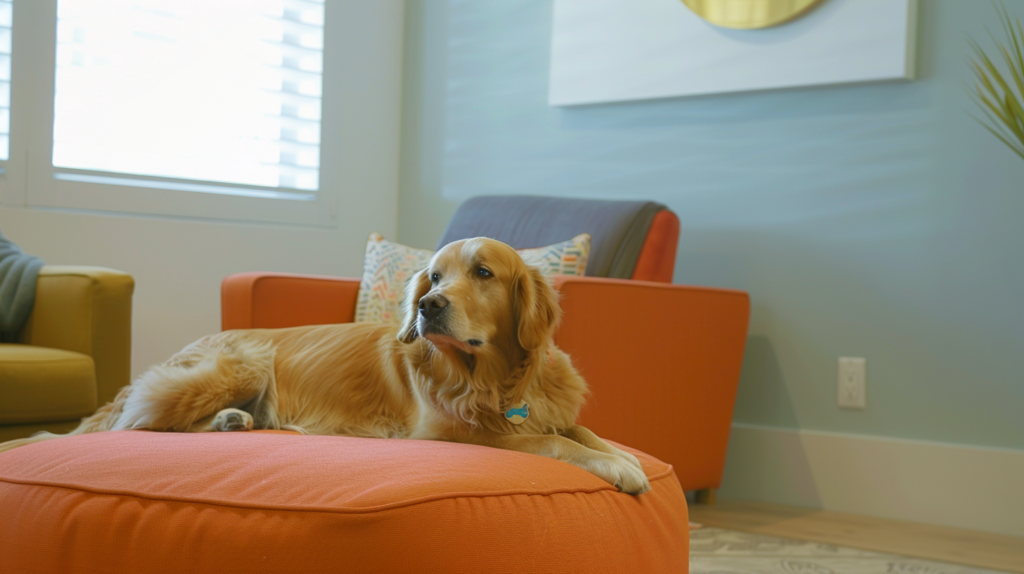 Multi-modal pet anxiety treatment showing combined calming techniques including supplements, thunder shirt, pheromones, and behavioral training