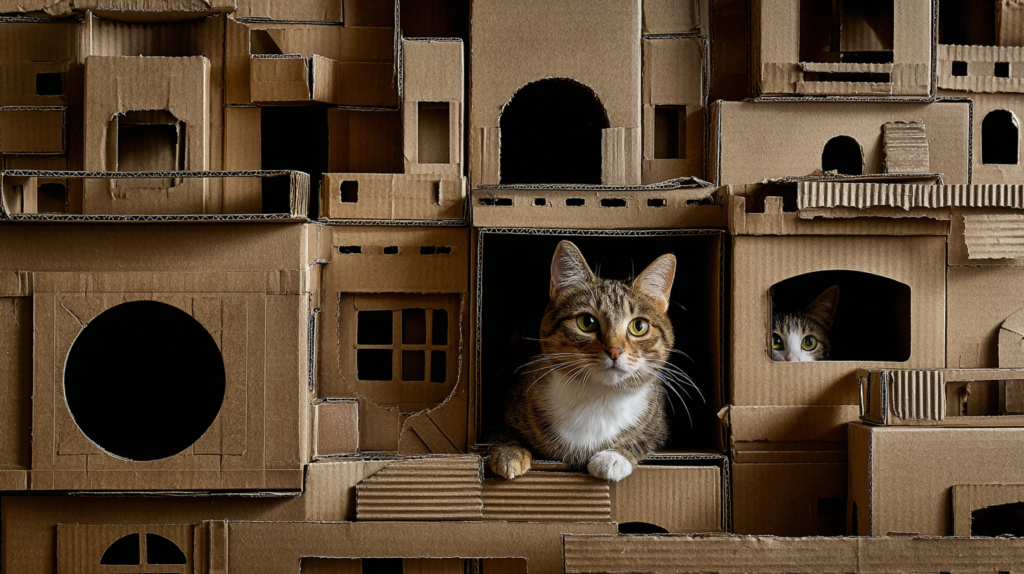 Multi-level cardboard box castle with peek holes and tunnels - example of elaborate homemade cat toys that provide hiding places and play areas