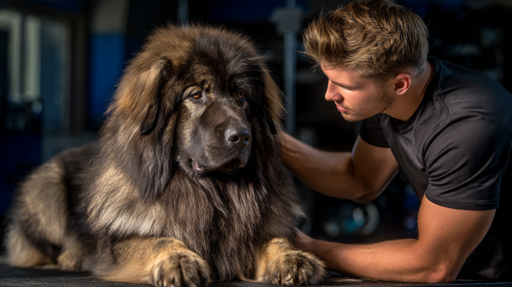 Caucasian Shepherd Dog being groomed showing thick coat maintenance requirements