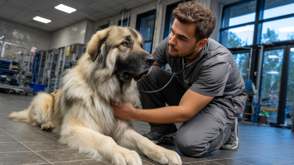 Veterinarian examining Caucasian Shepherd Dog for health considerations and checkup